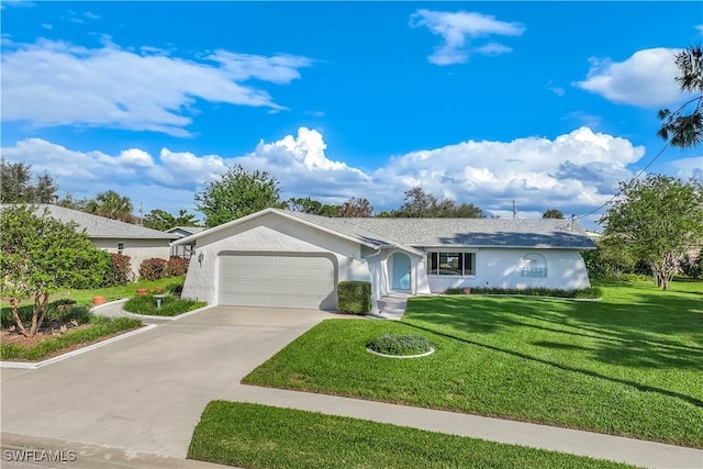 ranch-style house with a front yard and a garage