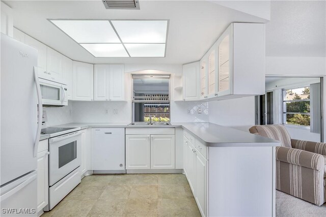 kitchen featuring white cabinetry, sink, white appliances, and kitchen peninsula