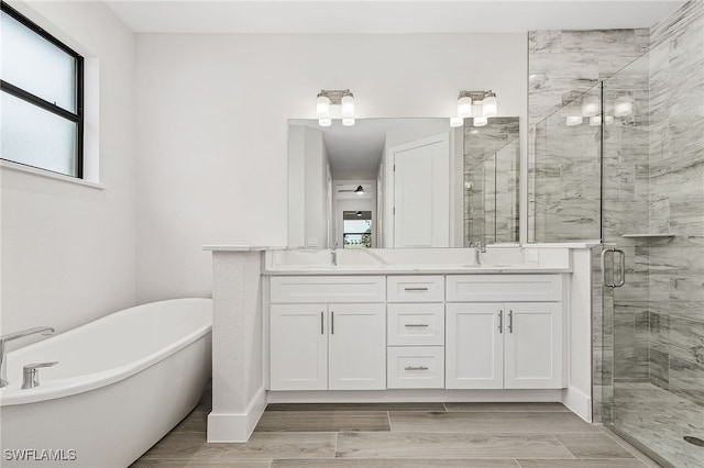 bathroom with separate shower and tub and vanity