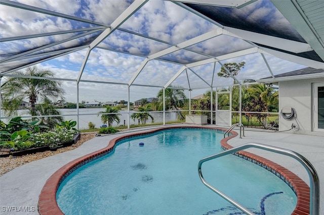 view of pool featuring a water view, a patio area, and a lanai