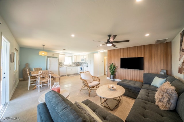 21671/21673 Indian Bayou Dr, Fort Myers Beach, FL 33931 - living room featuring a ceiling fan and recessed lighting