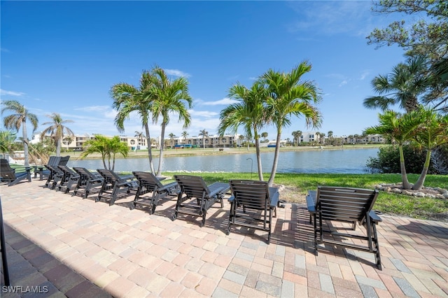 view of patio / terrace with a water view