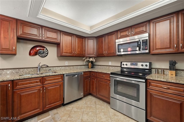 kitchen with a tray ceiling, light stone counters, sink, and stainless steel appliances