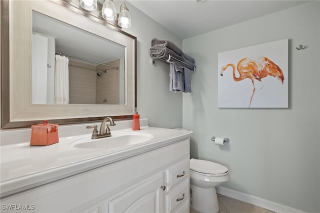 bathroom featuring walk in shower, tile patterned flooring, vanity, and toilet