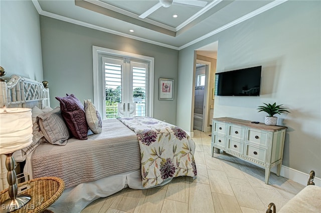 bedroom with access to outside, ensuite bath, ceiling fan, and ornamental molding