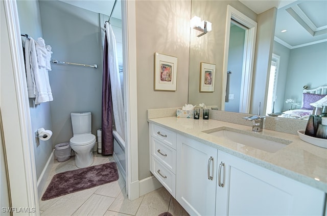 full bathroom with vanity, toilet, shower / bath combo with shower curtain, and crown molding