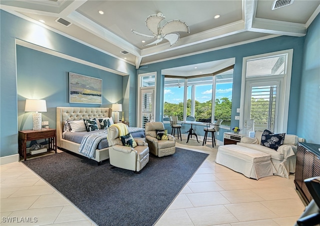 tiled bedroom with crown molding and coffered ceiling