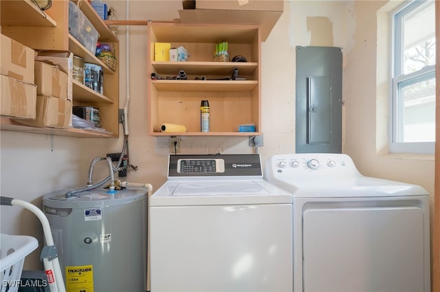 washroom with electric panel, washing machine and dryer, and electric water heater