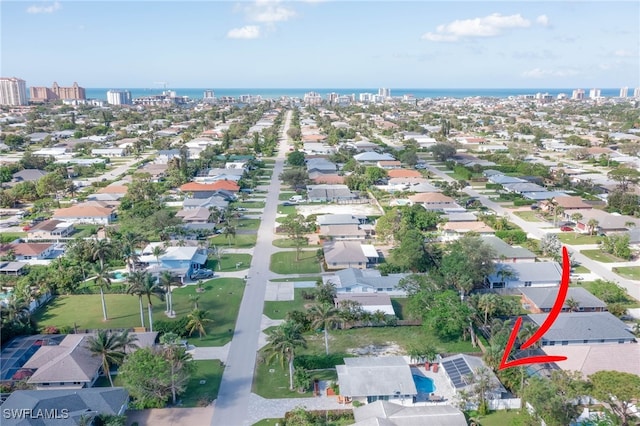 drone / aerial view featuring a water view