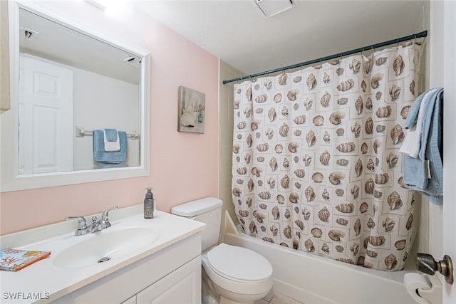 full bathroom featuring toilet, vanity, and shower / tub combo with curtain