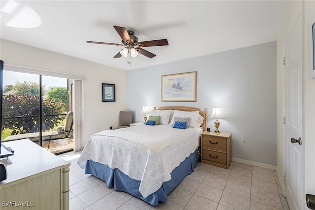 tiled bedroom featuring access to exterior and ceiling fan