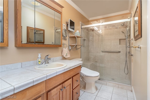 bathroom featuring tile patterned floors, toilet, an enclosed shower, and ornamental molding