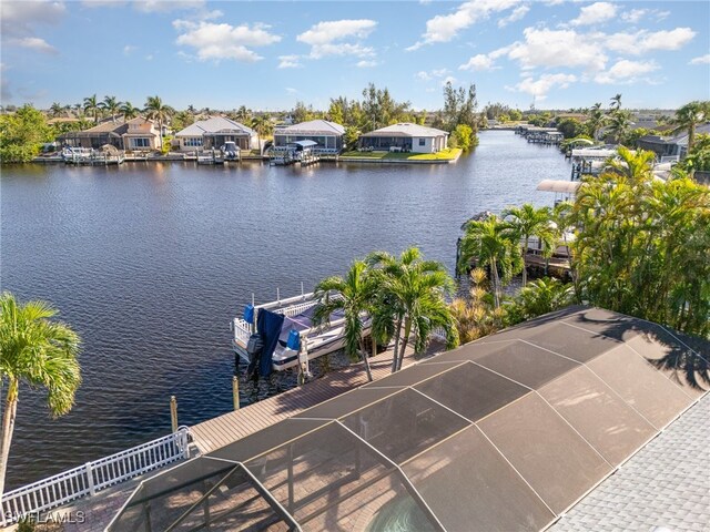 view of water feature with a dock