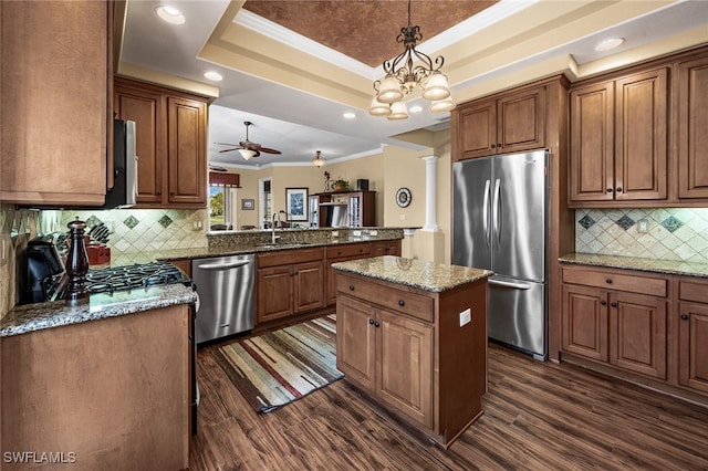 kitchen featuring a tray ceiling, appliances with stainless steel finishes, dark wood-type flooring, and a sink