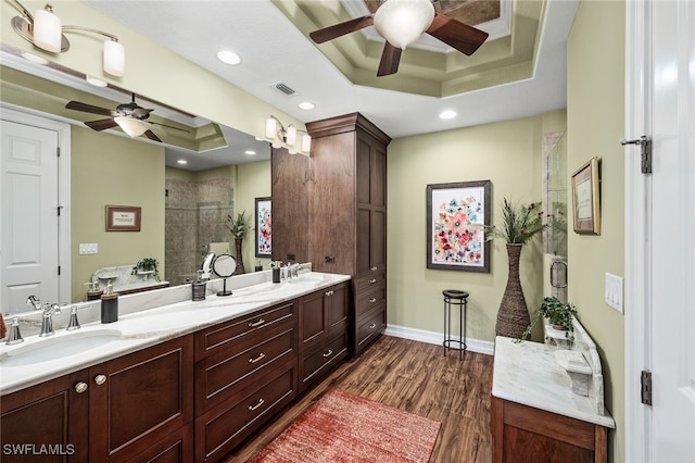 bathroom with vanity, hardwood / wood-style flooring, walk in shower, and a tray ceiling