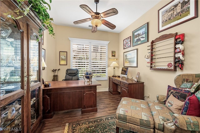 office area with dark wood-type flooring, a ceiling fan, and baseboards