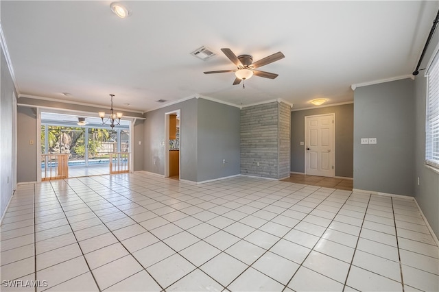 tiled empty room with ceiling fan with notable chandelier and crown molding