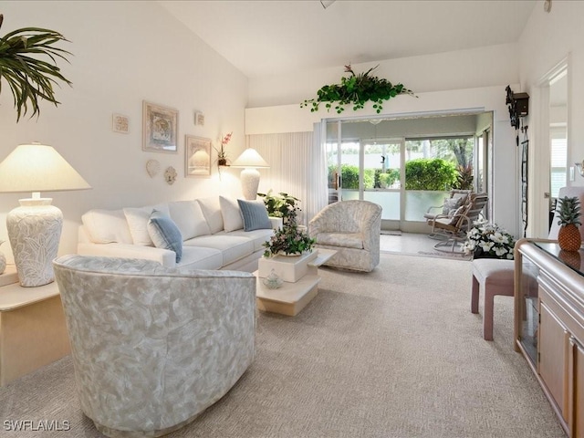 carpeted living room with high vaulted ceiling