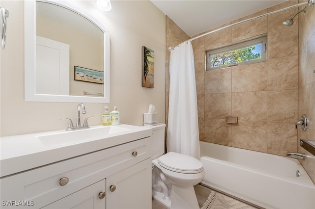 full bathroom with vanity, shower / bathtub combination with curtain, and toilet