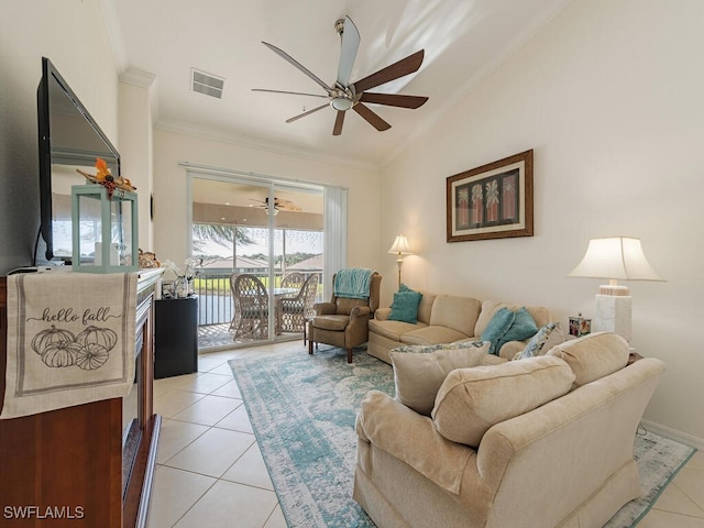 living room with light tile patterned floors, vaulted ceiling, ceiling fan, and ornamental molding