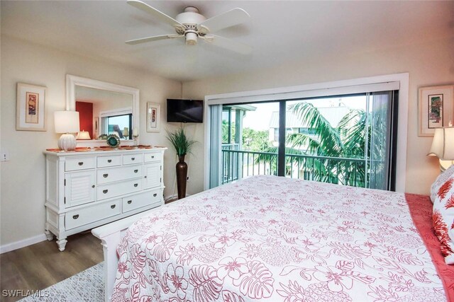 bedroom with hardwood / wood-style floors, ceiling fan, and access to outside