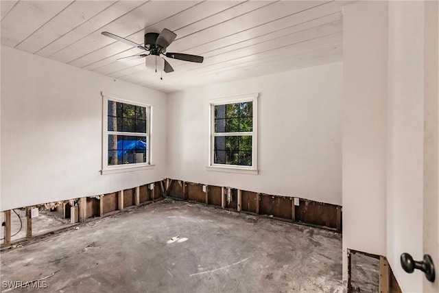 spare room with ceiling fan and wood ceiling