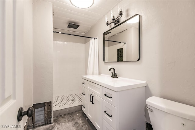 bathroom featuring toilet, vanity, concrete flooring, and walk in shower