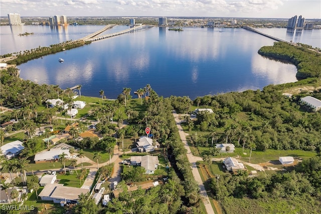 bird's eye view with a water view