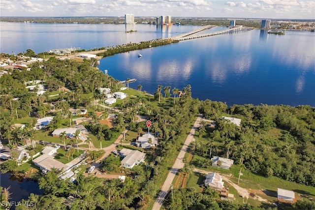 drone / aerial view with a water view