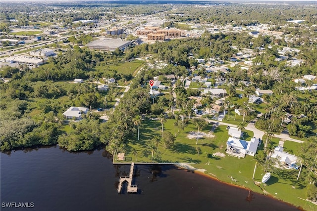 drone / aerial view featuring a water view