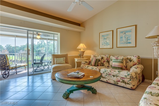 tiled living room with ceiling fan and lofted ceiling