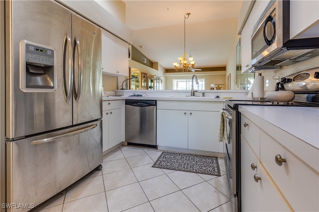 kitchen featuring white cabinets, sink, pendant lighting, a chandelier, and stainless steel appliances