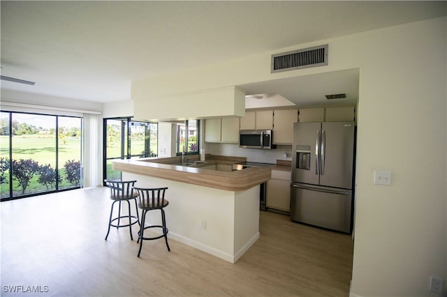 kitchen featuring a wealth of natural light, light hardwood / wood-style flooring, and appliances with stainless steel finishes