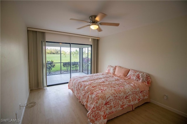 bedroom featuring ceiling fan, light hardwood / wood-style floors, and access to outside