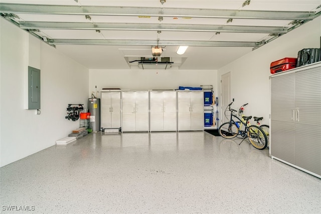 garage with electric panel and water heater