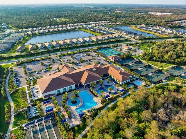 drone / aerial view with a water view