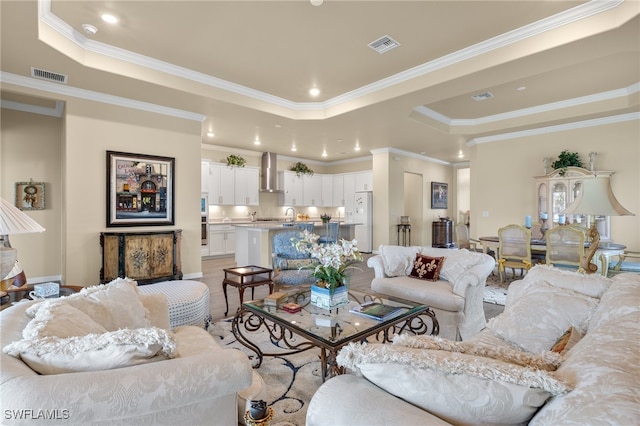 living room featuring crown molding and a raised ceiling