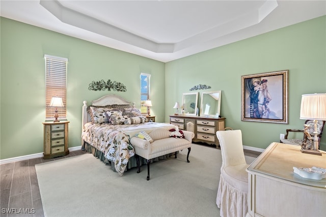 bedroom featuring a tray ceiling and hardwood / wood-style floors