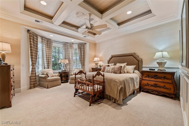 bedroom featuring crown molding, beamed ceiling, carpet floors, and coffered ceiling