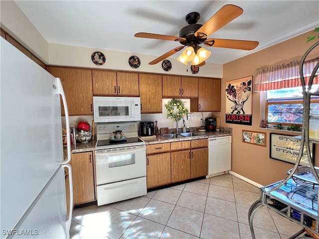 kitchen with ceiling fan, sink, light tile patterned floors, and white appliances