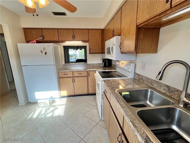 kitchen featuring ceiling fan, sink, light tile patterned floors, and white appliances