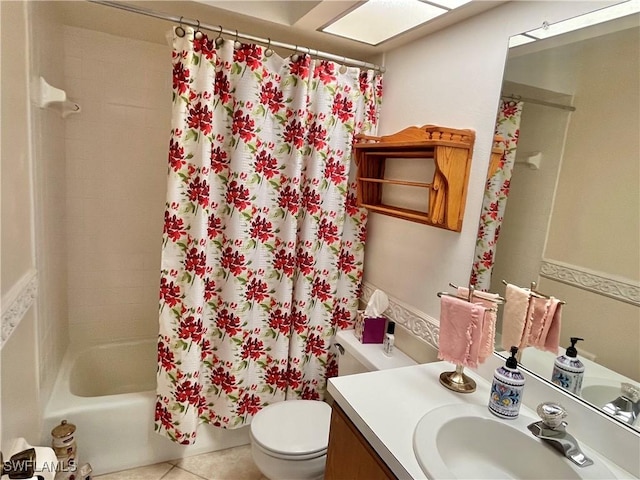 full bathroom with toilet, vanity, shower / bathtub combination with curtain, and tile patterned flooring