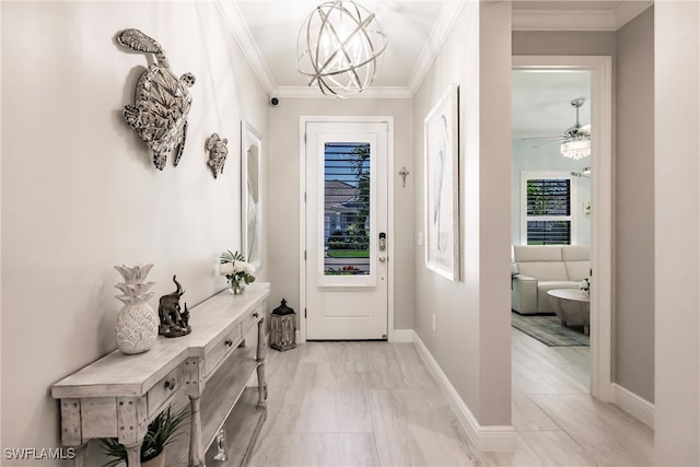 doorway to outside with an inviting chandelier and ornamental molding