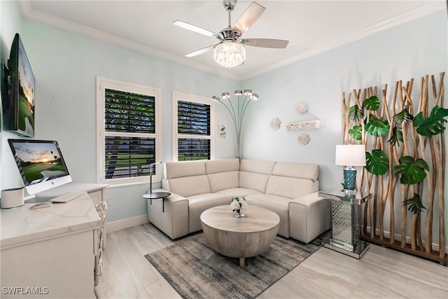 living room featuring ceiling fan and ornamental molding