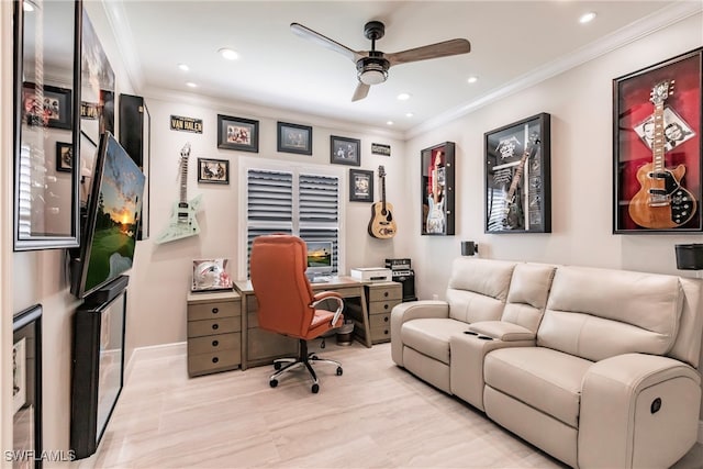 office area featuring ceiling fan, crown molding, and light hardwood / wood-style flooring