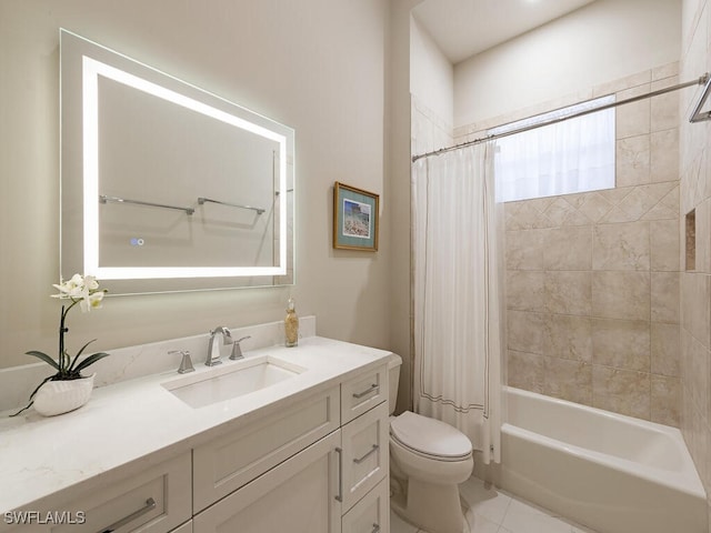 full bathroom with tile patterned flooring, shower / tub combo, vanity, and toilet