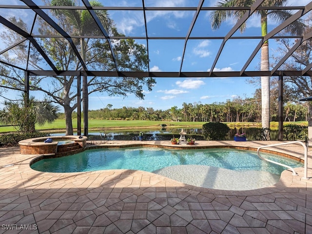 view of swimming pool with a lanai, an in ground hot tub, a water view, and a patio