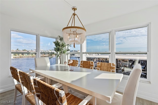 dining area featuring hardwood / wood-style flooring, a water view, and a chandelier