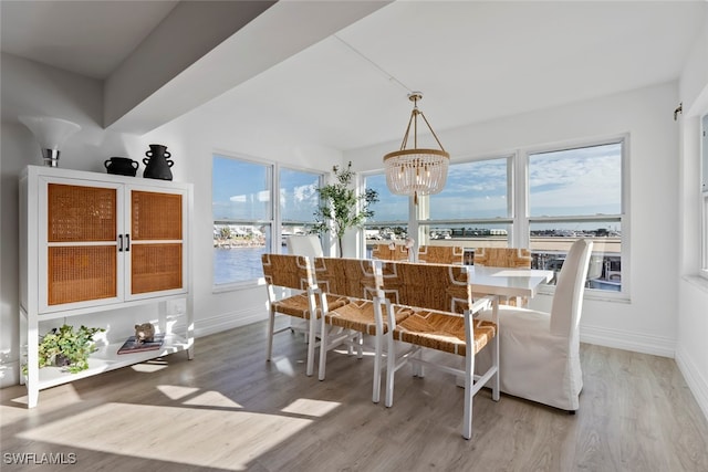 dining area with an inviting chandelier, a water view, light hardwood / wood-style flooring, and plenty of natural light