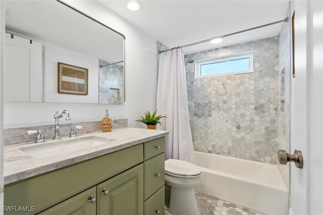 full bathroom with tile patterned flooring, vanity, shower / bath combination with curtain, and toilet